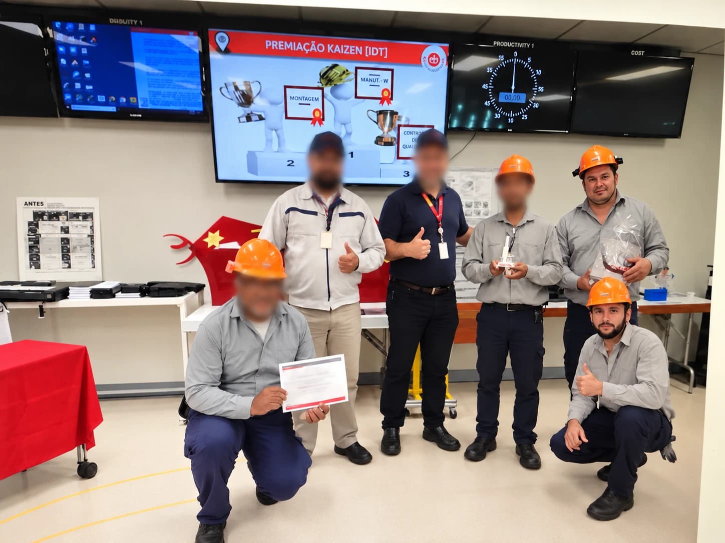 Equipe reunida durante uma premiação de projeto Kaizen